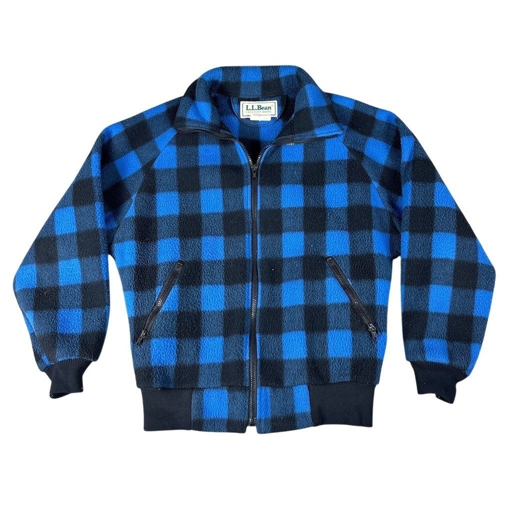 L.L.Bean Jacket Womens Size M Blue Black‎ Buffalo Plaid Full Zip Fleece
